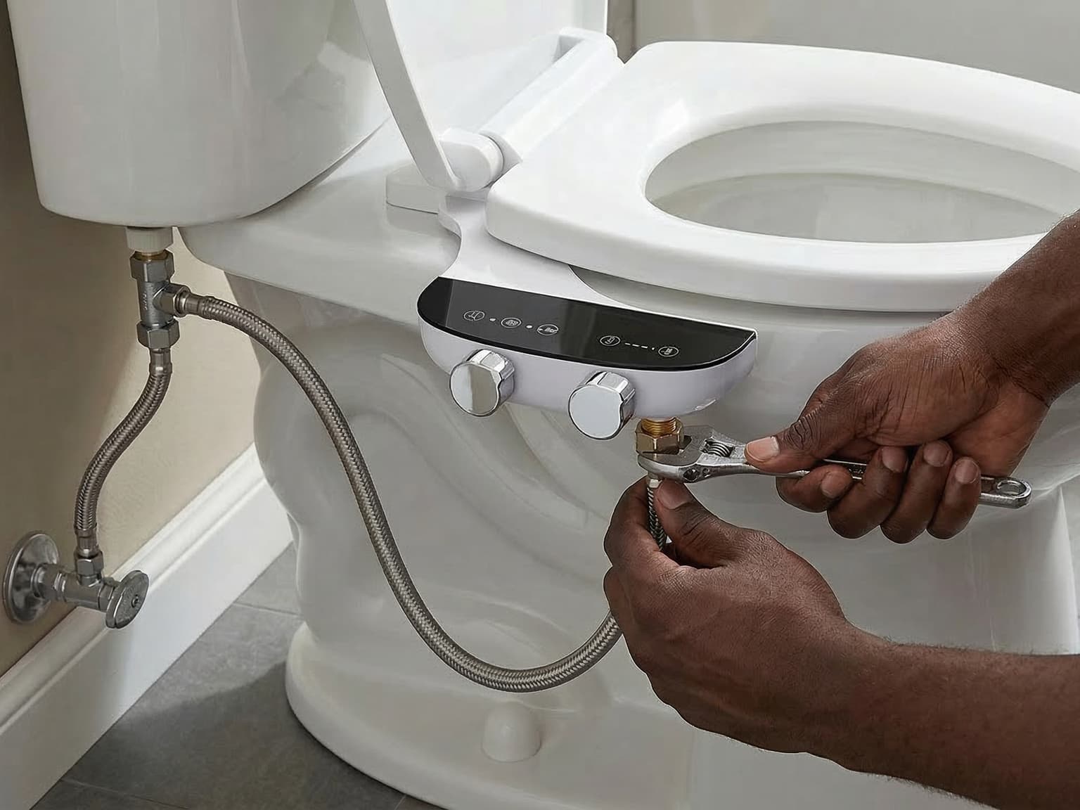 Modern team member professionally installing a bidet